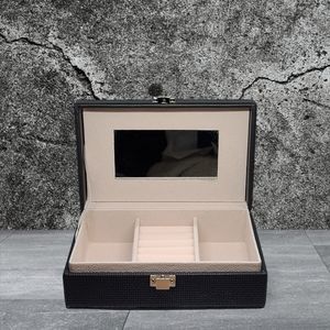 NEW Black Woven Embossed Faux Leather Jewelry Box with Mirror